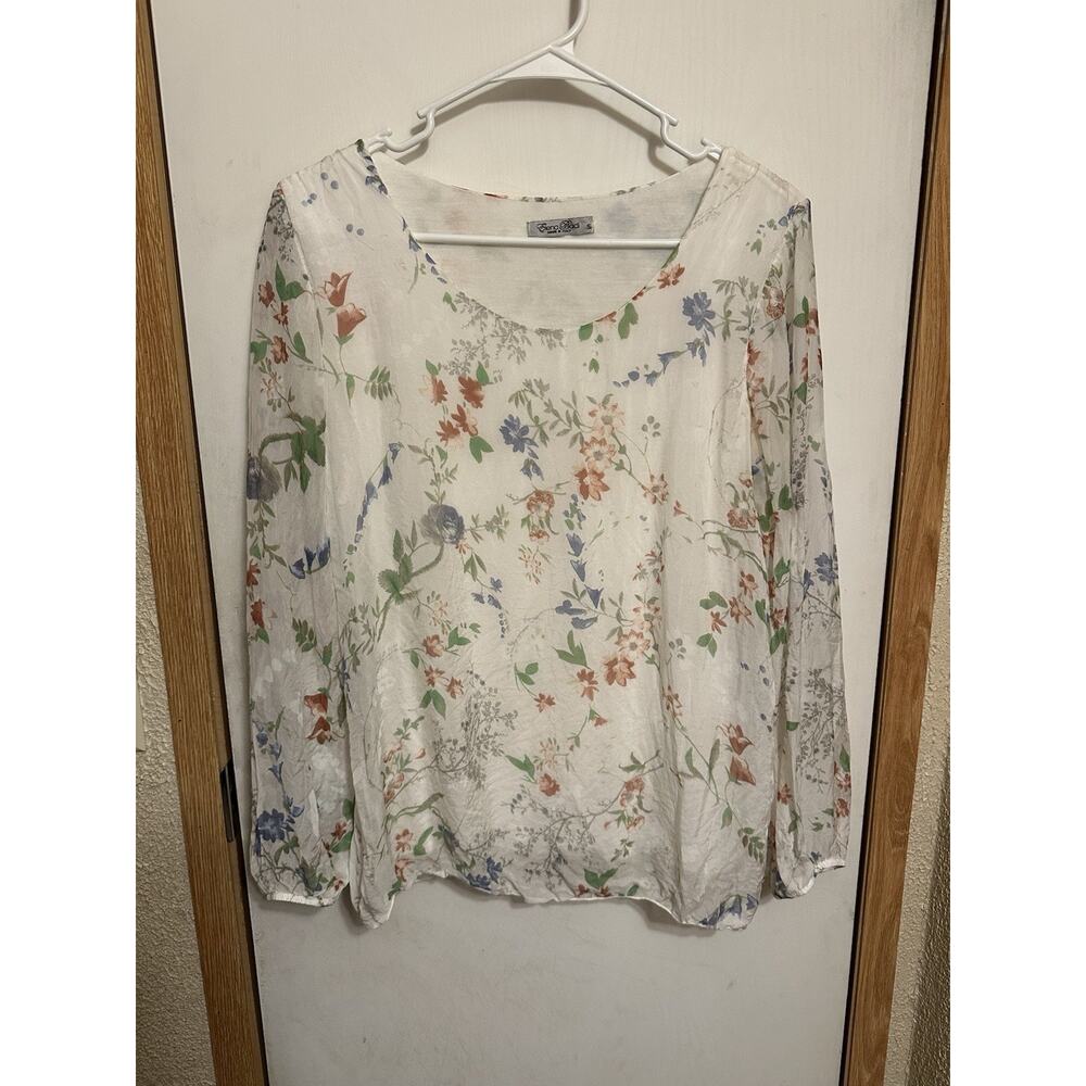 Elena Baldi Made in Italy Sheer Floral Print Long Sleeve Silk Blouse Cottage S